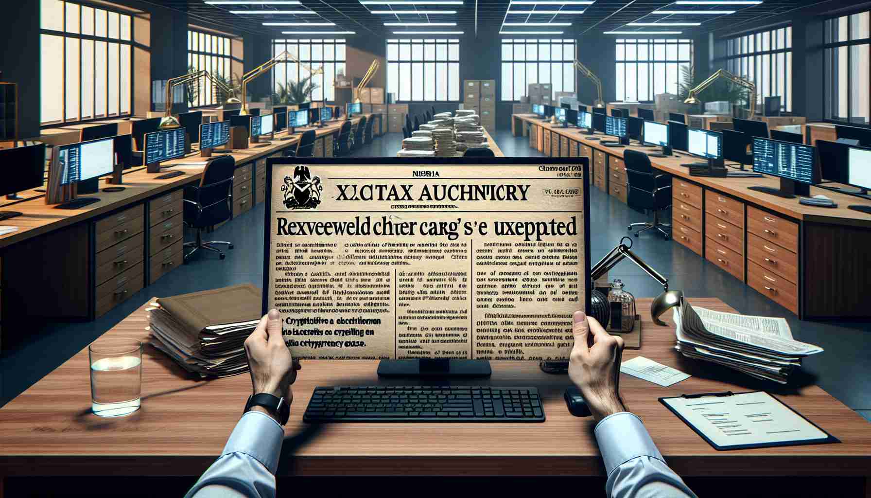 Generate a lifelike and high-definition image of a Nigerian tax authority, potentially an office setting filled with desks, computers, and official documents. Include a newspaper headline or a digital news flash on a screen stating the revised charges on a cryptocurrency exchange. Verify that there's a separate headline detailing how the executives of a fictional cryptocurrency entity have been exempted.