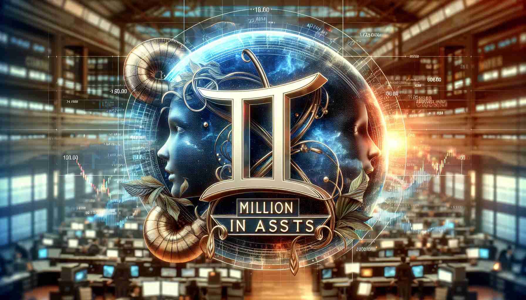 Realistically detailed HD image of a concept depicting the astrological sign Gemini, thus representing the namesake of a prominent cryptocurrency company. Include a large figure 50 and the phrase 'Million in Assets' in bold, imposing letters. These elements blend together to symbolize a settlement. The background showcases a busy stock exchange trading floor to suggest the finance industry.