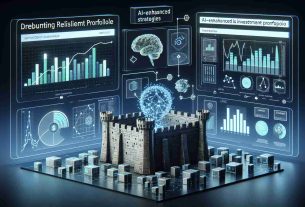 Create an HD-quality, realistic image representing AI-Enhanced Strategies for a Resilient Investment Portfolio. The scene could include a futuristic digital interface showcasing various graphics related to investment strategies, such as bar graphs, line charts and pie diagrams. Elements like a schematic representation of AI neural networks, arrows, 3D cubes, text snippets detailing investment terminologies, and a strong, sturdy structure like a resilient fortress symbolizing the portfolio's resilience can be incorporated. These elements together should portray a dynamic and technologically advanced approach to investing.