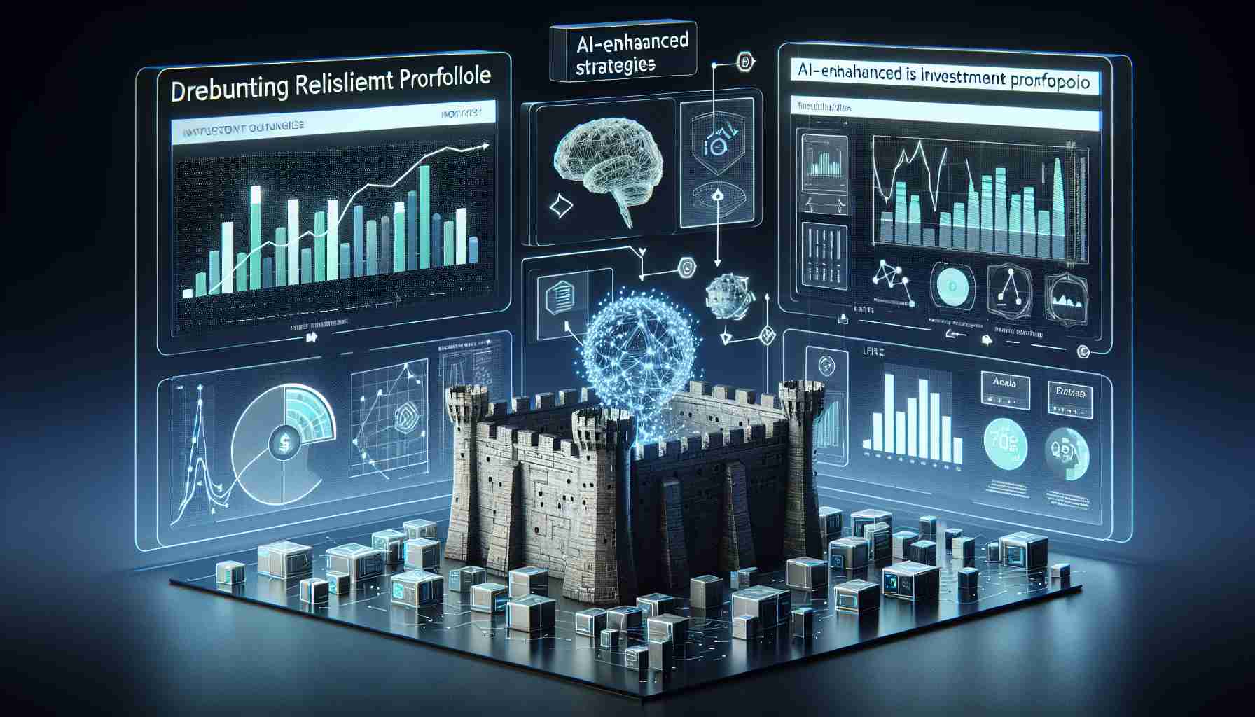 Create an HD-quality, realistic image representing AI-Enhanced Strategies for a Resilient Investment Portfolio. The scene could include a futuristic digital interface showcasing various graphics related to investment strategies, such as bar graphs, line charts and pie diagrams. Elements like a schematic representation of AI neural networks, arrows, 3D cubes, text snippets detailing investment terminologies, and a strong, sturdy structure like a resilient fortress symbolizing the portfolio's resilience can be incorporated. These elements together should portray a dynamic and technologically advanced approach to investing.