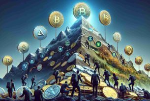 Realistic high-definition image representing the rise of central bank digital currencies. The scene should depict an insightful expedition. The journey could be visualized as a steep mountain or hill, with digital currency symbols serving as milestones. At the bottom of the hill, traditional physical currencies could be seen, while at the peak, futuristic and edgy symbols of digital currencies could be noticeable. Intermediate stages could represent various phases of development, such as research, testing, and implementation. There could also be diverse group of climbers, embodying economists, bankers, and ordinary citizens, each trying to reach the top.