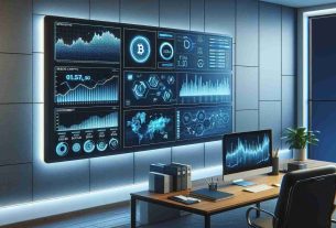 Realistic HD illustration of a digital screen displaying graphs and data about significant outflows from Crypto Investment Products. The screen is mounted on the wall in a modern finance or investment office with blue and white tones. A desk with a computer and other office paraphernalia can be seen in the foreground.