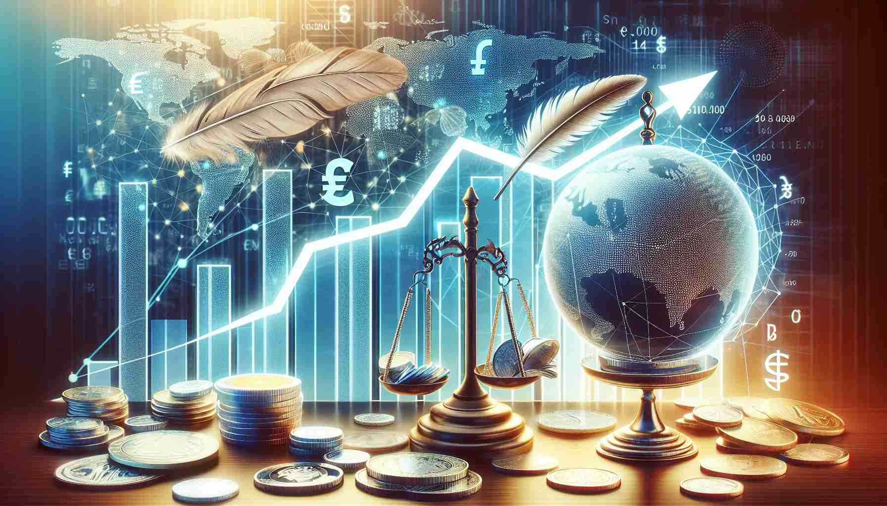 Generate a high-definition realistic illustration that symbolizes the promising expansion of stablecoins in the financial landscape. The image should include an upward trending graph against the backdrop of various world currencies, depicting advancement. Additionally, there should be a balance scale in the foreground, representing stability, with coins on one side and a feather on the other, signifying the lightweight yet valuable nature of stablecoins. Finally, include a networked globe in the center to represent global financial inter-connectivity, hinting at the worldwide significance of stablecoins.