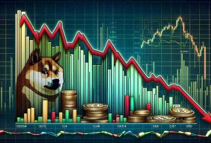 Create a detailed and realistic high-definition image of a downward trending graph representing the declining valuation of a cryptocurrency, specifically Dogecoin. The graph should show a significant decline in value, visually communicating a period of market troubles. To enhance the overall realism, incorporate complex elements like candlestick patterns, varying high and low points, volume bars, and a diverse color scheme to highlight positive (green) and negative (red) market days.