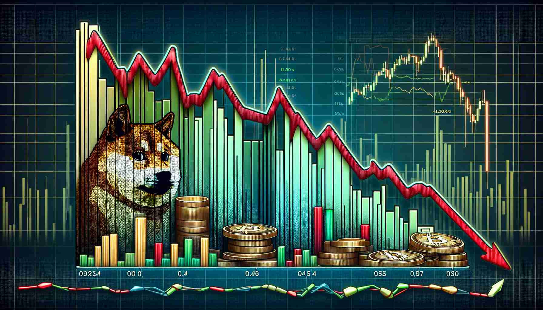 Create a detailed and realistic high-definition image of a downward trending graph representing the declining valuation of a cryptocurrency, specifically Dogecoin. The graph should show a significant decline in value, visually communicating a period of market troubles. To enhance the overall realism, incorporate complex elements like candlestick patterns, varying high and low points, volume bars, and a diverse color scheme to highlight positive (green) and negative (red) market days.