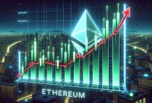 Illustration of a graph chart positioned upward, representing the market position of Ethereum that is prediction an uptrend. The chart is filled with realistic green and red bars, indicating raise and fall respectively, with candles that are common in stock market graphs. The graph is superimposed on a high-definition cityscape at night, with glowing skyscrapers symbolizing financial districts. The word 'Ethereum' is labeled at the bottom of the graph in crisp, white letters and the surroundings represent a virtual space hinting at the digital nature of cryptocurrencies.