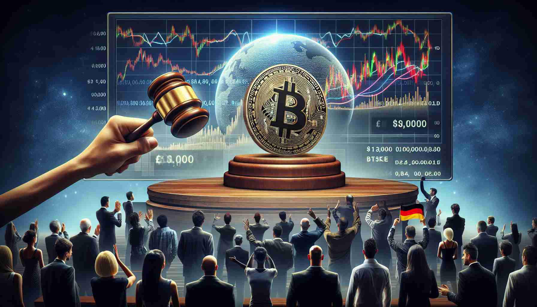 A high-definition, realistic image portraying a conceptual scene where Germany is auctioning off seized Bitcoin, causing ripple effects in the dynamics of the cryptocurrency market. It depicts a large digital screen illustrating Bitcoin's logo surrounded by fluctuating market values and graphs. In the foreground, an auctioneer's gavel is shown in mid-air, symbolizing the action of selling. A diverse crowd of people, consisting of various genders and descents such as Caucasian, Hispanic, Black, Middle-Eastern and South Asian, are presented as potential bidders, reacting to the changing values on the screen.