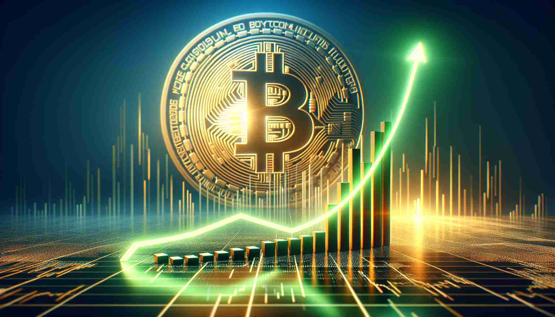 A realistic high-definition image representing Bitcoin's upward trajectory as a sign of a robust recovery. The scene should depict a rising line graph against a subtle background of the Bitcoin symbol. To depict recovery, show the line graph gradually ascending from a lower left point of the image to the upper right, indicating upward movement. An illuminated green trend line could emphasize this growth. Additionally, subtle visual metaphors like a sunrise or the breaking of dawn in the background could symbolically reference a 'new day' or recovery.