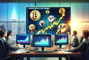 Create a realistic HD image that symbolizes the concept of fundamentals overtaking memes in the realm of cryptocurrency investment. Show traditional financial indicators like charts and graphs indicating growth displayed on computer screens, in sharp contrast with fading, less significant meme-inspired cryptos represented as cartoonish coins. Display this scene in a financial office with a large glass window in the background showing a cityscape, symbolizing a new dawn of investment climate in the crypto world.