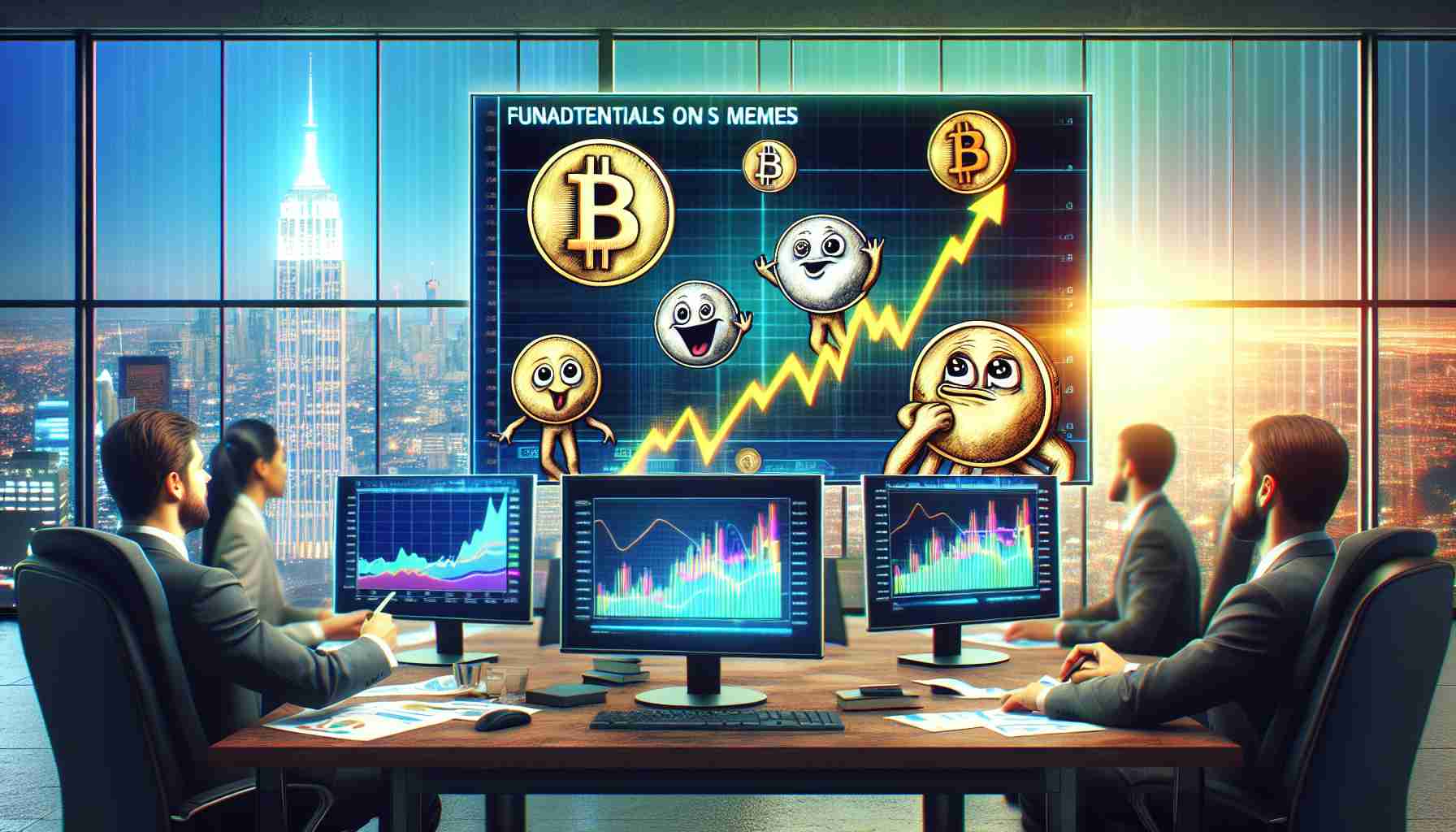 Create a realistic HD image that symbolizes the concept of fundamentals overtaking memes in the realm of cryptocurrency investment. Show traditional financial indicators like charts and graphs indicating growth displayed on computer screens, in sharp contrast with fading, less significant meme-inspired cryptos represented as cartoonish coins. Display this scene in a financial office with a large glass window in the background showing a cityscape, symbolizing a new dawn of investment climate in the crypto world.