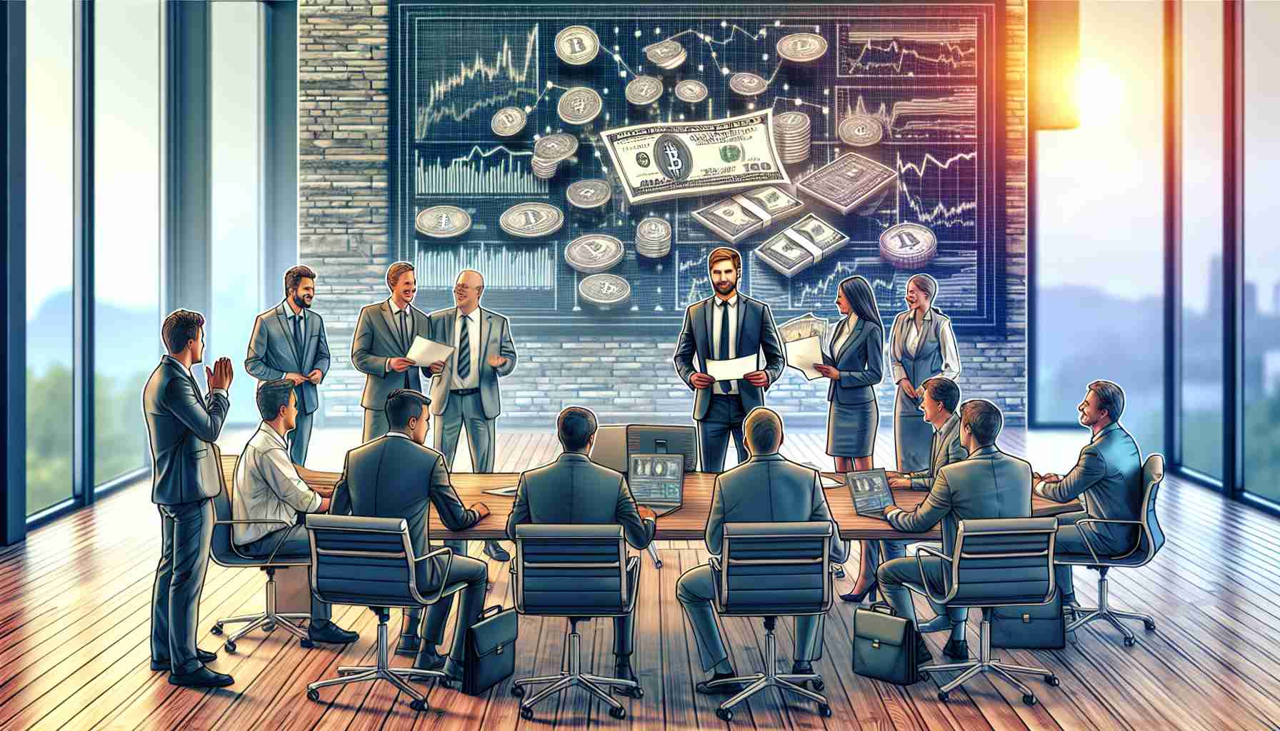 A realistic, high-definition image depicting a business scene in Maine of a crypto trader settlement meeting. A group of local investors are present, each expressing a sense of relief and satisfaction as they receive their compensation checks. The scene takes place in a sophisticated trading office setting with investing charts, cryptocurrencies symbols, and laptops scattered about.