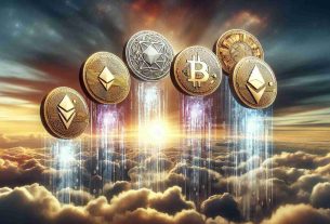 Generate a highly detailed and realistic image in high definition showcasing four alternative cryptocurrency coins, each soaring high up in the sky, symbolizing that they're expected to reach peak values. Each coin should be distinct and representative of a different cryptocurrency project, with corresponding logos on them. The background should be a dramatic sky with a mix of light and dark clouds, indicating the volatile nature of cryptocurrency investments.