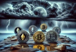 Generate a high definition, realistic image depicting the testing times for cryptocurrencies. The picture could show symbolic representation of various cryptocurrencies like Bitcoin, Ethereum, Dodgecoin, etc., against a looming stormy sky. The cryptocurrencies, however, don't have physically perceptible forms so you should represent them as coins with relevant symbols etched on them, representing a scenario of crisis or test. The stormy background could metaphorically represent the 'resistances' they face. Ensure all elements have a gritty and realistic feel to them.