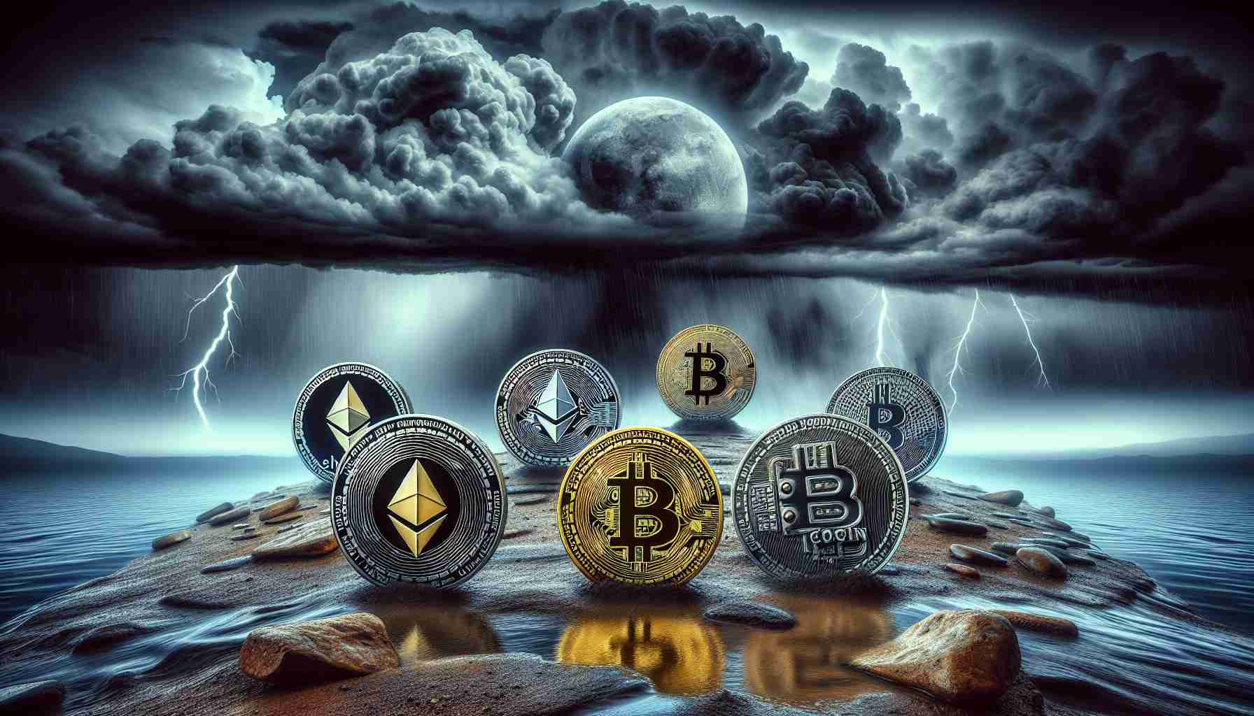 Generate a high definition, realistic image depicting the testing times for cryptocurrencies. The picture could show symbolic representation of various cryptocurrencies like Bitcoin, Ethereum, Dodgecoin, etc., against a looming stormy sky. The cryptocurrencies, however, don't have physically perceptible forms so you should represent them as coins with relevant symbols etched on them, representing a scenario of crisis or test. The stormy background could metaphorically represent the 'resistances' they face. Ensure all elements have a gritty and realistic feel to them.