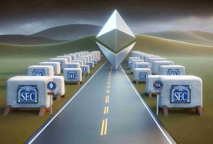 A high-definition, realistic image that represents the concept of SEC roadblocks stalling the introduction of Ethereum ETF. It includes a detailed Ethereum logo acting as the ETF under a grey sky, symbolizing its pending status. A series of large, symbolic roadblocks, labelled with SEC insignia, dot the path towards a well-defined horizon. This metaphorical landscape depicts the bureaucratic hurdles that stall progress in the crypto sphere.