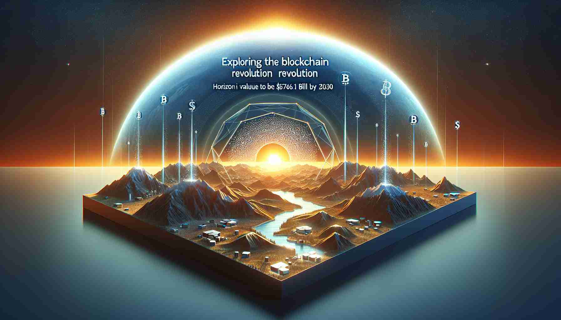 Visual representation of the concept of exploring the Blockchain Revolution with a horizon value of $766.1 Billion by 2030. The design should be realistic, high-definition, and illustrate the immense growth and potential that blockchain technology holds for the future.