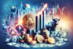 Create a high-definition, realistic image that symbolically represents the new era of growth in the cryptocurrency market potentially mirroring the stability of the stock market. The composition should include various recognizable elements from the world of finance such as charts, a rising graph, a clear division between a chaotic and a stable side, and cryptocurrency coins like Bitcoin, Ethereum, etc. The stock market can be represented by traditional financial symbols like dollar bills, Wall Street bull, etc. Please use a tranquil palette to signify stability.