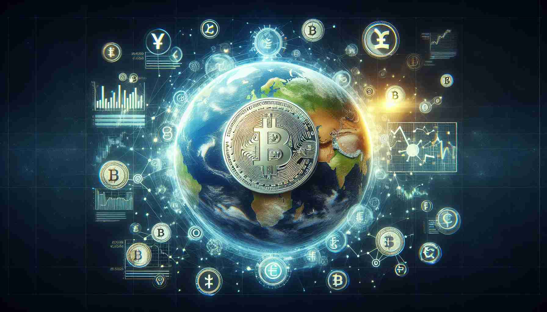 Depict a high-definition, realistic image symbolizing the potential rise in stablecoin usage by the year 2025. Show a large, digital globe in the center surrounded by symbolic representations of various global currencies transitioning into stablecoins. Add illustrative data charts and graphics around the globe to signify the analytical prediction of this surge.