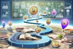 Generate a high-definition, realistic image showcasing the concept of 'Meme Tokens', presented as an illustrative pathway leading to proficiency in cryptocurrency. The image should include symbol of digital tokens with meme-inspired logos, a winding path, and elements of a learning journey, such as books, graphs and other educational symbols.