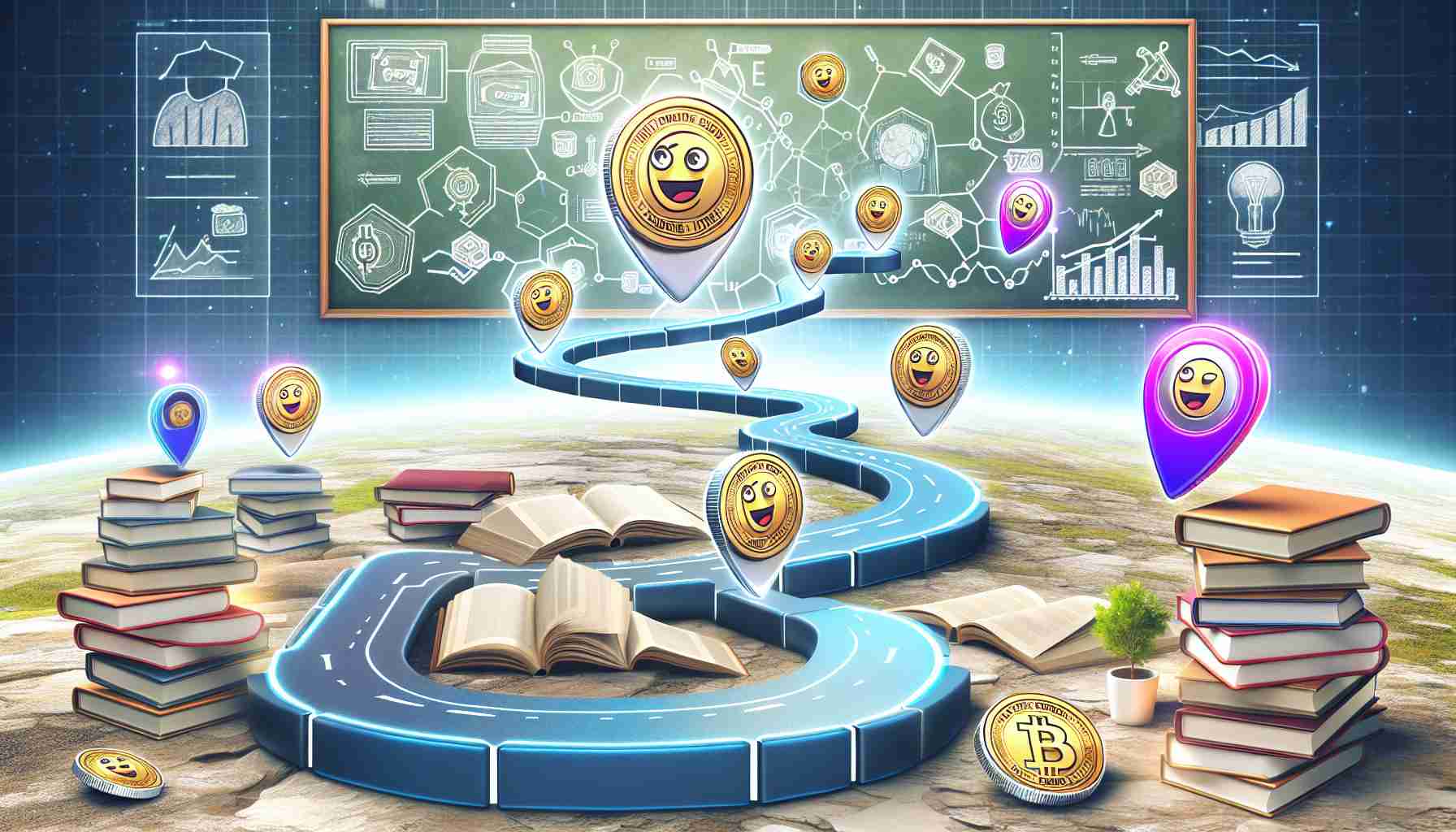 Generate a high-definition, realistic image showcasing the concept of 'Meme Tokens', presented as an illustrative pathway leading to proficiency in cryptocurrency. The image should include symbol of digital tokens with meme-inspired logos, a winding path, and elements of a learning journey, such as books, graphs and other educational symbols.