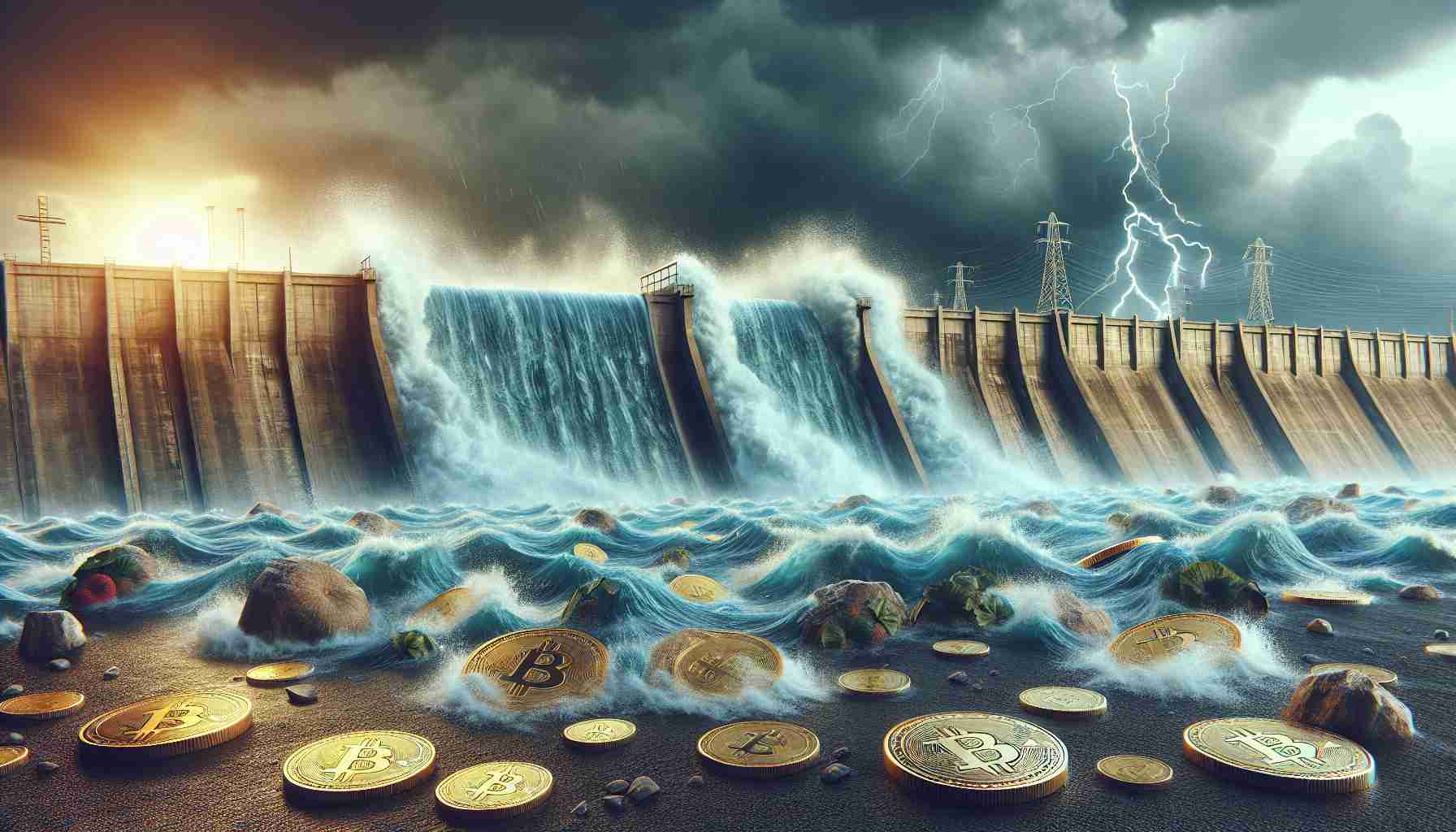 Generate a high-definition realistic image representing an outflow surge in the crypto asset market amid an environment of heavy uncertainty. The scene should visualize a powerful tide or current symbolizing cryptocurrency coins being swept away or spilled from a large container or dam. Effects such as unstable or stormy weather could indicate the underlying market uncertainty. Please refrain from including real-world logos or brands.