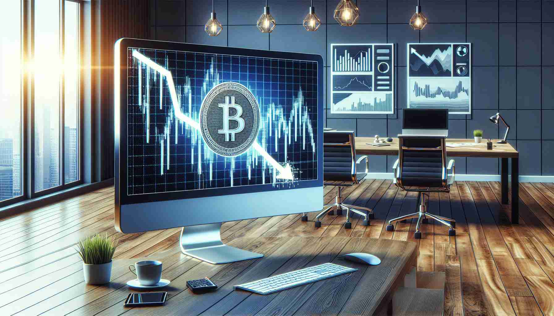 A photorealistic image representing the concept of on-chain activity dip indicating waning Bitcoin market engagement. Depict a graphical representation of Bitcoin's blockchain on a computer screen with falling lines indicating decreasing activity. Populate the room with business related items such as financial charts, laptop, office desk, modern office chairs and a cup of coffee. Make it in high definition quality.