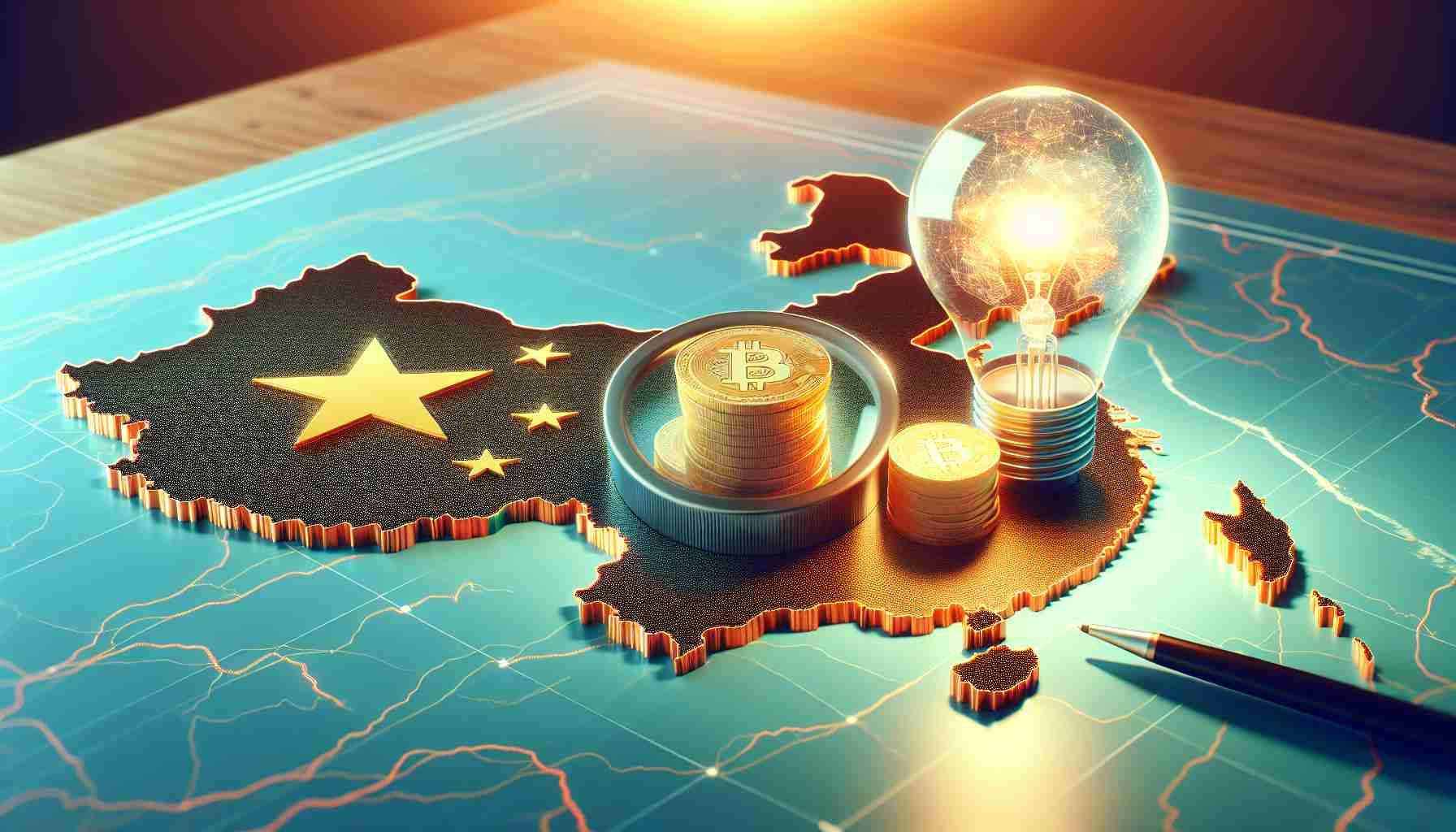 A high-definition, realistic image of a symbolic representation for China contemplating bringing back cryptocurrency for economic and technological gains. This can be depicted as a large map of China in the background, with a symbolic light bulb indicating innovation and a stack of coins to signify the economic aspect. These elements can be on a desk with a magnifying glass hovering over them suggesting contemplation and study.