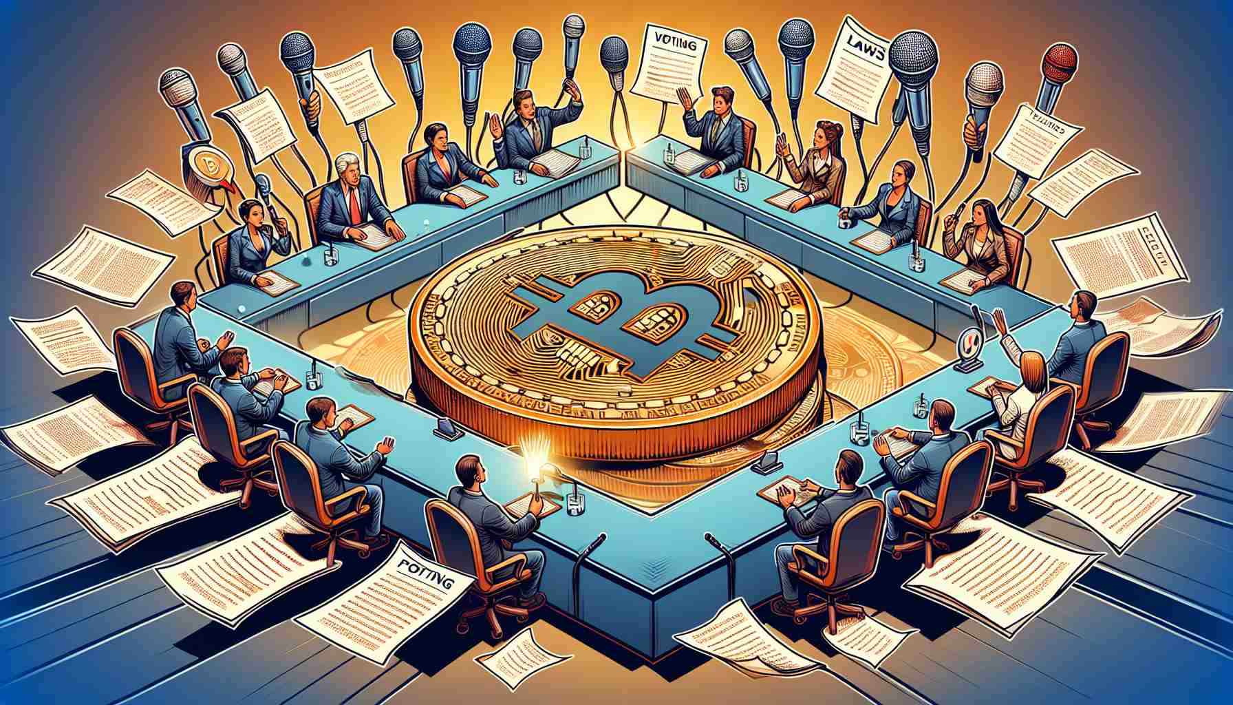 A detailed illustrative depiction of the concept of cryptocurrency making its way into the political field. Display this through symbols such as the Bitcoin logo being prominently featured in a political debate setting, surrounded by microphones and papers with political votings, laws, and discussions. People representing various political ideologies are engaging in a discourse about this new mode of transaction. Remember to highlight the high-definition nature of this image, showcasing intricate detail in every aspect.