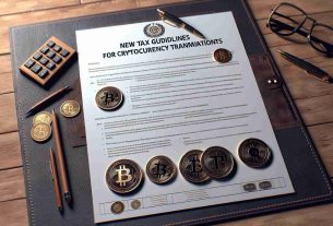 Generate a high-definition, realistic image of a document titled 'New Tax Guidelines for Cryptocurrency Transactions' established by a government tax authority. The document should be well-organized, featuring bullet points, sections, and subheadings to provide information on various aspects of these guidelines. The document should also include official-looking stamps and seals to signify its authority. Please add a leather desk pad under the document and a pair of reading glasses on top for effect.