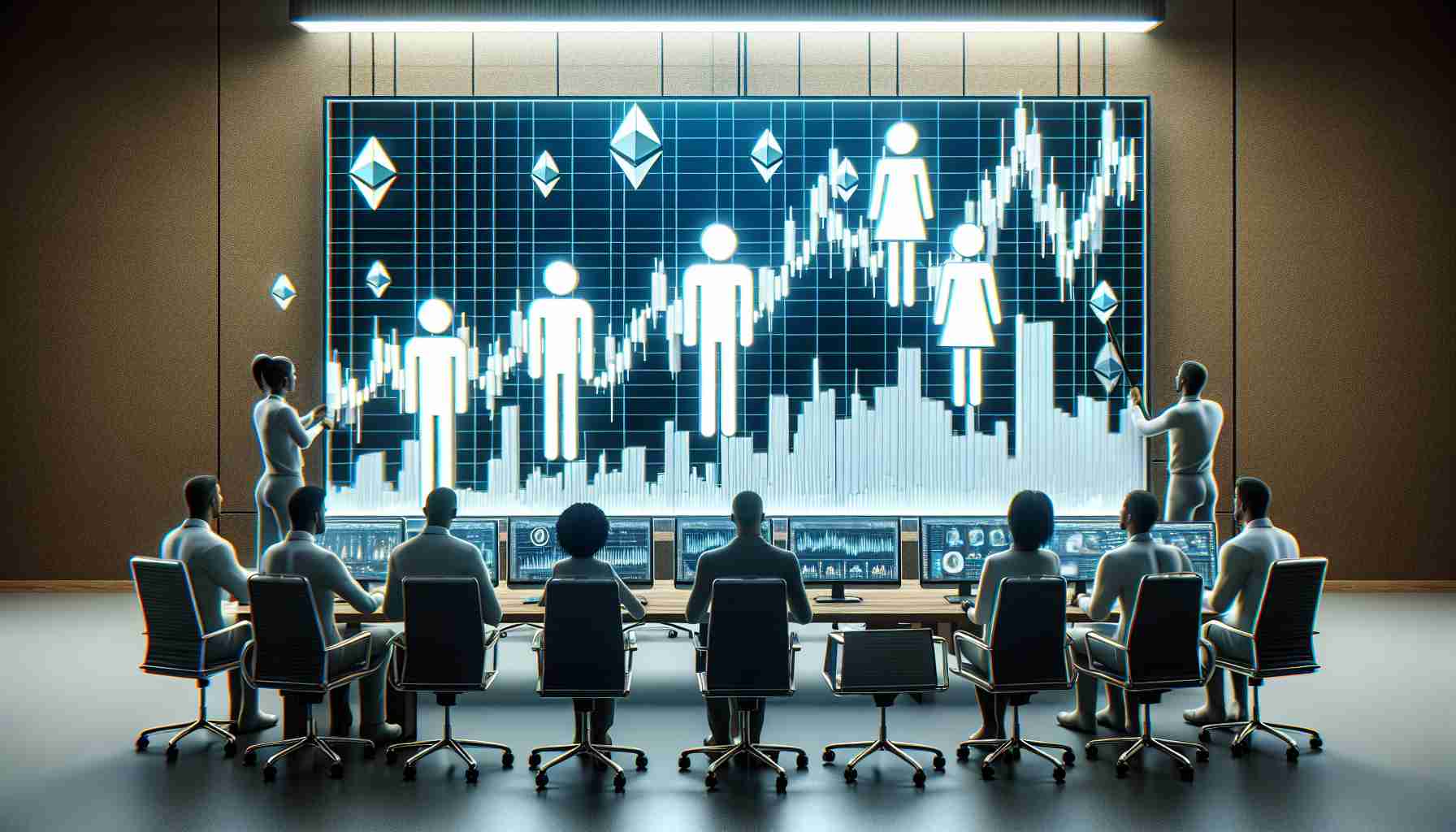 A realistic high-definition image of a chart depicting a sudden jump in Chainlink cryptocurrency value, with symbols representing various analysts (shown as unidentified people employing different ethnicities including Caucasian, Black, Hispanic, Middle-Eastern, and South Asian) observing the chart intently and discussing amongst themselves. The setting is a meeting room with a large screen displaying the chart, and the analysts are shown using computers and data analysis tools.