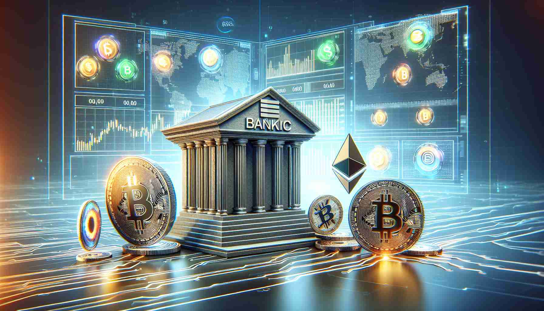 A high-definition, realistic illustration of a new cryptocurrency trading platform by a major banking corporation. The platform caters specifically to trading Bitcoin and Ethereum. The image should include various elements that indicate this, such as the brand's logo, currency trading charts, and digital coins representing Bitcoin and Ethereum.