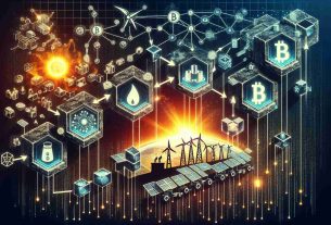 Detailed, high-definition image of the blockchain revolution impacting the energy sector. Show a conceptual hierarchy with classic energy symbols like oil barrels, wind turbines, and solar panels at the bottom and blockchain symbols like interconnected blocks and data codes at the top. In the middle, portray a transformation scene where these energy symbols evolve, blend with digital elements and ascend towards the blockchain layer symbolising the emergence of blockchain technology in the energy field.