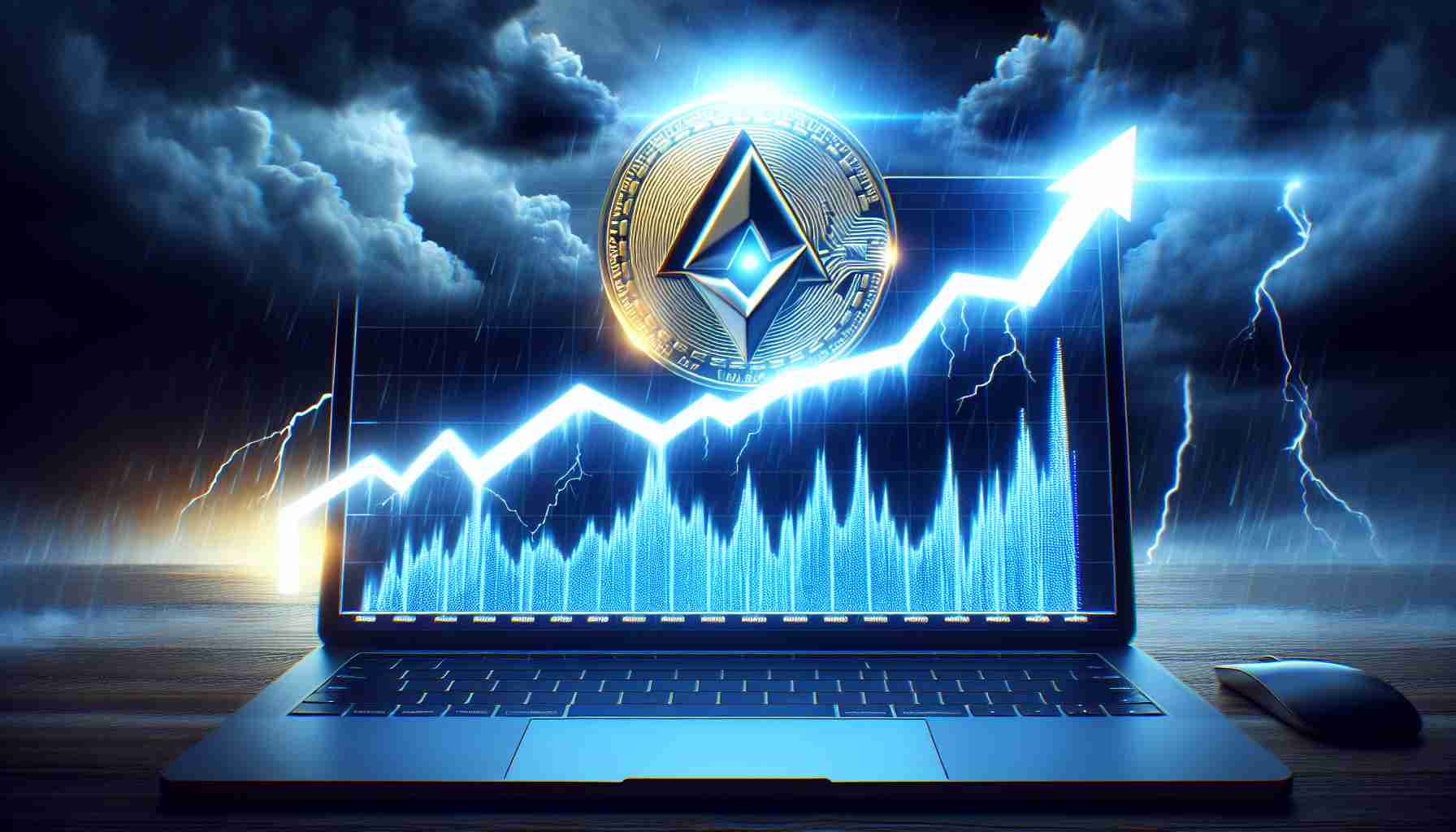 Display a digital rendition of the HD photo featuring the Avalanche (AVAX) cryptocurrency symbol climbing up a graph, depicting a slight price increase. The graph is set against the backdrop of a tumultuous and dark stormy sky, illustrating market uncertainty. The AVAX symbol shines brightly, illuminating the volatility of the market. Remember, the style is realistic and the image must be in High Definition.