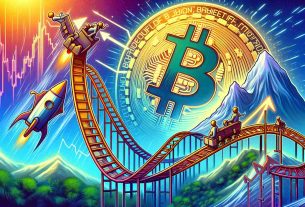 Generate a high definition depiction showcasing the concept of Bitcoin's seasonal shift. The image should illustrate Bitcoin's transition from a downtrend in June to a potential rally in July. For the first half, include a visual metaphor of the Bitcoin symbol on a downward path, perhaps descending a mountain or a rollercoaster going downwards. For the second half, show the Bitcoin symbol ascending and gaining momentum, like a rocket ship taking off or a climber reaching the peak. Use elements of seasonality in the image - depict the atmosphere of June turning into July.