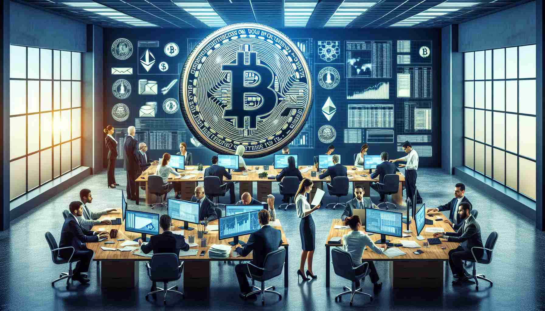 A high-definition, realistic image representing the enforcement of new cryptocurrency tax compliance measures by the U.S. Treasury. Depict a setting within a government office filled with several professionals engaged in detailed discussions, paperwork, and computer analyses related to bitcoins and other digital assets. Use symbols of cryptocurrency, such as Bitcoin and Ethereum logos, along with IRS emblems, tax forms, and financial charts on their screens, walls, and tables.