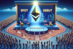 A high-definition realistic image showing a debut of Spot Ethereum ETF but facing some regulatory hurdles. Illustrate this using visual metaphors such as a race track with hurdles indicating the regulatory challenges. Depict a symbolic Ethereum logo on a platform representing its debut. The ETF debut itself could be symbolized by a large audience of people of various genders and descents, including Hispanic, Caucasian, Black, Middle-Eastern, South Asian, to signify the global significance of this event.