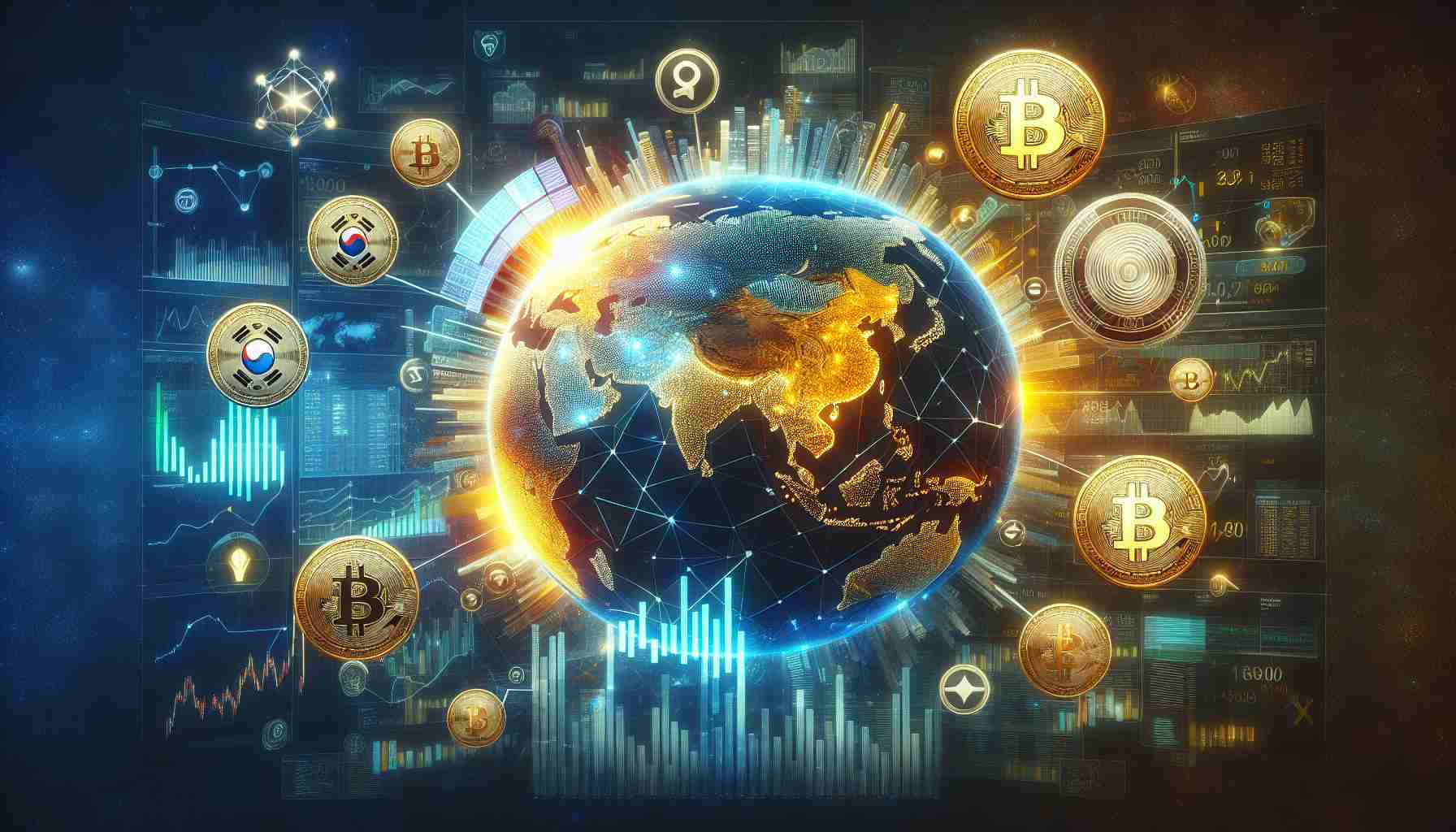 Generate a high-definition, realistic image depicting the expansion of a cryptocurrency staking platform like OkayCoin moving into the dynamic market of a region like South Korea. Show a detailed map or globe with South Korea being highlighted, accompanied by symbols of blockchain or cryptocurrency innovations. Include visual elements that suggest the vigor and diversity of the market, such as charts and various cryptocurrencies.