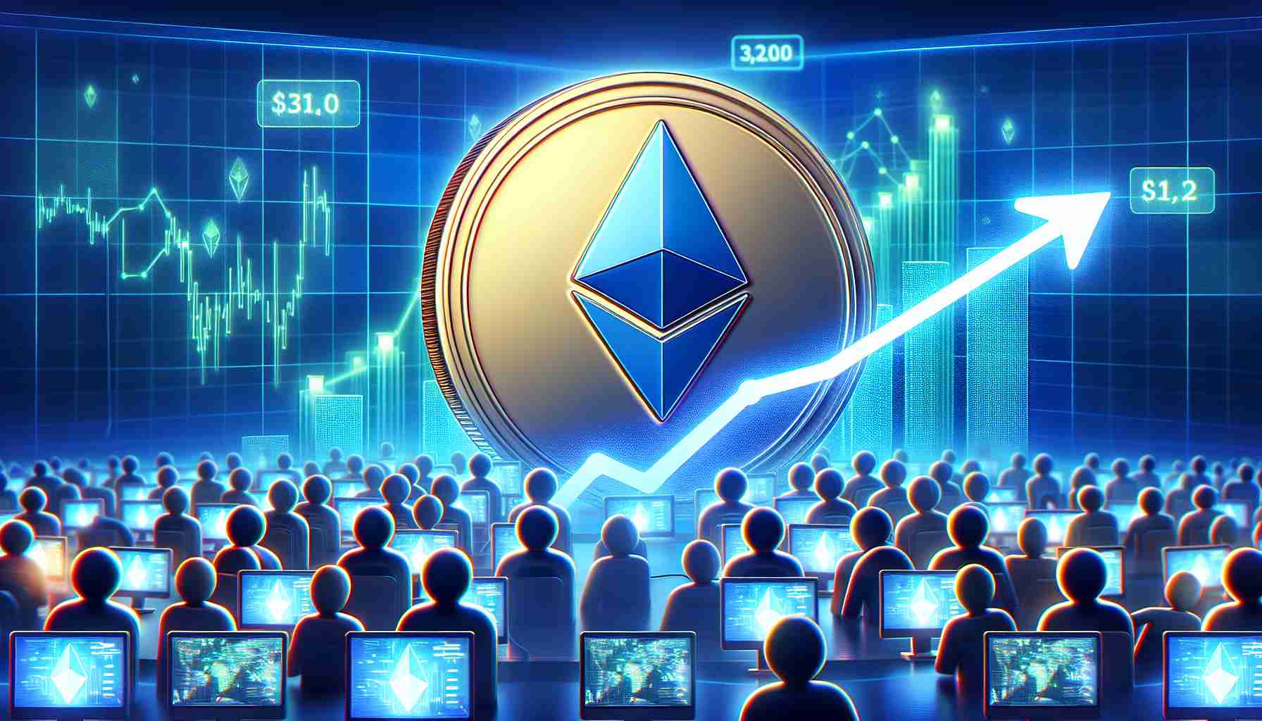 Generate a high-definition, realistic image that symbolizes the rising interest and engagement in Ethereum staking. Please display a glossy Ethereum coin situated on a graph representing an upward trajectory. The background should show an array of online users with glowing screens, indicating active participation.