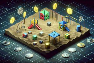 A high-definition, realistic image of a virtual playground, symbolizing The Sandbox, expanding in size with additions of various new objects. Each object represents a different digital coin, one of them being a SHIB coin. Other objects represent various types of Memecoins, circulating around inside the playground, indicating the The Sandbox's portfolio expansion.