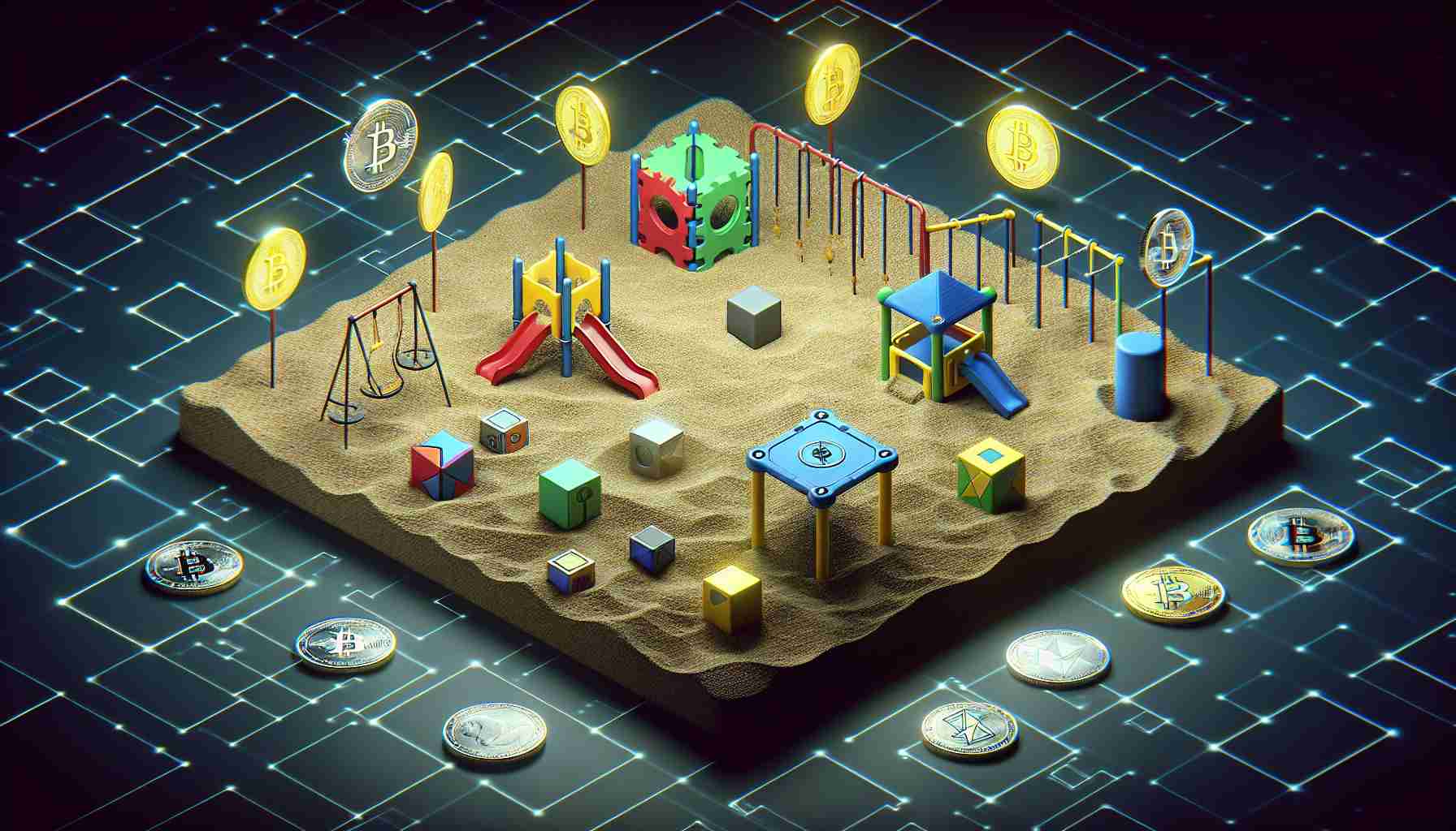 A high-definition, realistic image of a virtual playground, symbolizing The Sandbox, expanding in size with additions of various new objects. Each object represents a different digital coin, one of them being a SHIB coin. Other objects represent various types of Memecoins, circulating around inside the playground, indicating the The Sandbox's portfolio expansion.