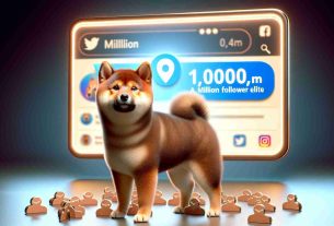 Realistic HD photo of a Shiba Inu joining the million follower elite on Social Media, symbolized by a graphical representation of a million followers. The Shiba Inu is fluffy with a deep coat color, and it's standing proudly. On a digital screen in the background you can see social media icons that display an enormous follower count, reaching over a million.