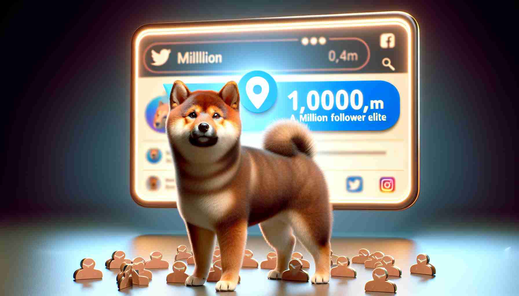 Realistic HD photo of a Shiba Inu joining the million follower elite on Social Media, symbolized by a graphical representation of a million followers. The Shiba Inu is fluffy with a deep coat color, and it's standing proudly. On a digital screen in the background you can see social media icons that display an enormous follower count, reaching over a million.