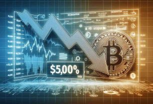 An HD graphic depicting a potential drop in the price of Bitcoin to $50,000, as predicted by a financial analyst. The graphic should ideally illustrate the descending trajectory of bitcoin value, exhibiting clarity and precision. The background could contain elements commonly associated with the cryptocurrency market, such as graphs, numbers, and computations. Also, please display a label signifying the $50,000 threshold and indicate the downward tendency with an arrow or similar symbol.