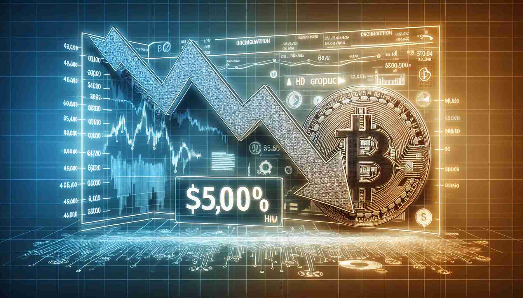 An HD graphic depicting a potential drop in the price of Bitcoin to $50,000, as predicted by a financial analyst. The graphic should ideally illustrate the descending trajectory of bitcoin value, exhibiting clarity and precision. The background could contain elements commonly associated with the cryptocurrency market, such as graphs, numbers, and computations. Also, please display a label signifying the $50,000 threshold and indicate the downward tendency with an arrow or similar symbol.