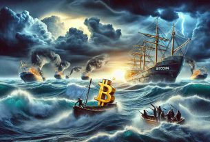 Generate an image depicting a metaphorical representation of the concept of Bitcoin's struggle for stability amidst miner consolidation. The setting could be a fierce ocean storm, where a ship named Bitcoin is trying to navigate through treacherous waters-analogous to the instability of cryptocurrency. In the distance is a group of larger, ominous looking ships, representing miner consolidation, which are closing in on Bitcoin. The image should have high definition and attention to details.