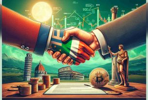 An image portraying the concept of Italy adopting stringent regulatory measures on cryptocurrency operations. Visualize a symbolic handshake representing Italy and Bitcoin, with laws and regulations looming in the background. The setting should be depicted with prominent Italian architectural elements, such as the Leaning Tower of Pisa and the Colosseum, to denote the country of Italy. The image should have a realistic, high-definition quality.