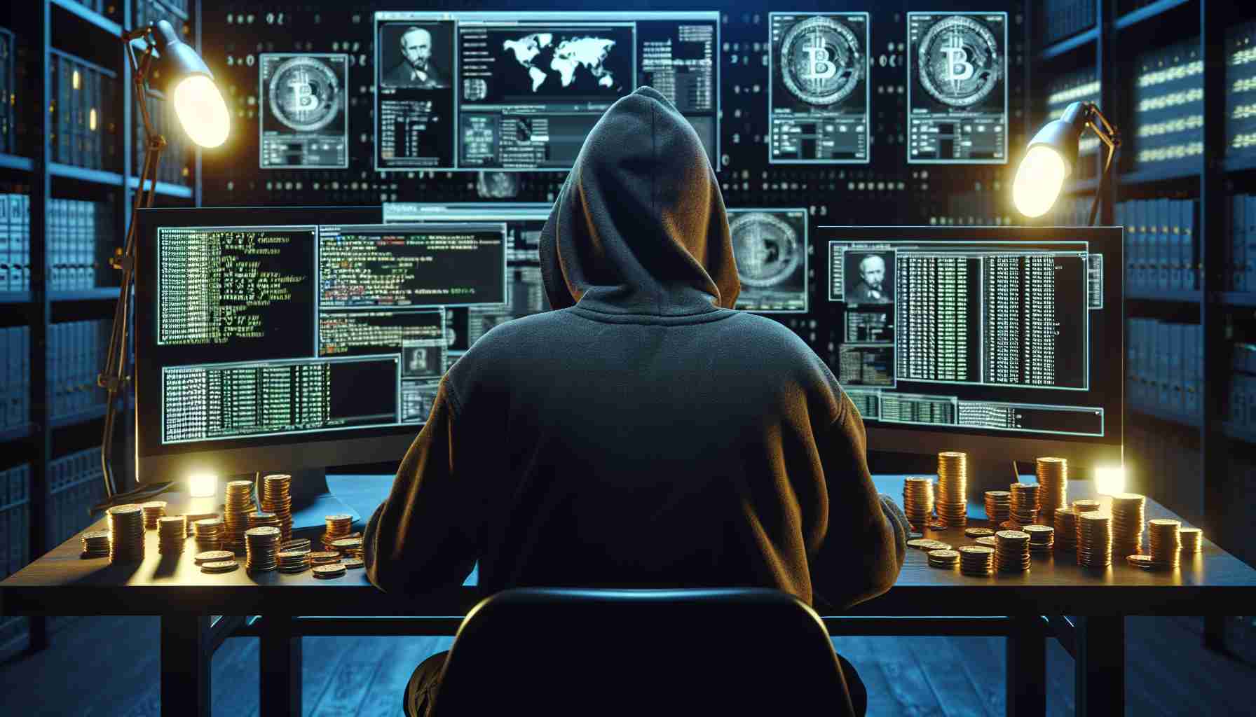 Realistic high definition image of a hypothetical scene with an anonymous hacker, of Asian descent, accessing online platforms to conduct a digital currency heist of immense magnitude, specifically 300 million dollars in cryptocurrency. The scene can be visualized as the hacker sitting in a dimly lit room full of multiple screens displaying codes and graphs related to cryptocurrency.