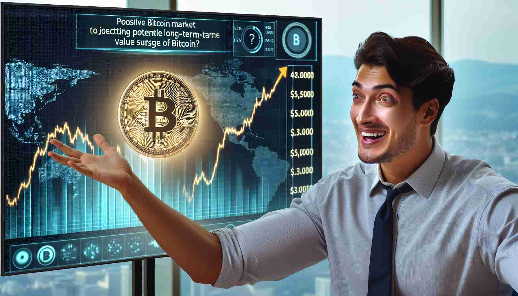 A high definition, realistic image of an enthusiastic financial expert discussing the potential long-term value surge of Bitcoin. There's an optimistic expression on the expert's face and they are gesturing towards a digital screen showing positive Bitcoin market projections. The expert is of South Asian descent and of any gender. The environment is a modern office setting with a backdrop of cityscapes.