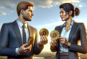 A detailed, high-definition image displaying two unnamed political figures, a Caucasian male and a Hispanic female, involved in a conversation over digital currency. They are both potential candidates in a hypothetical 2024 election. Each of them is holding a symbolic golden coin with the icon of an unbranded, generic cryptocurrency. They are in an outdoor setting under a clear sky. Both figures are portrayed in professional attire that evokes high political standing.