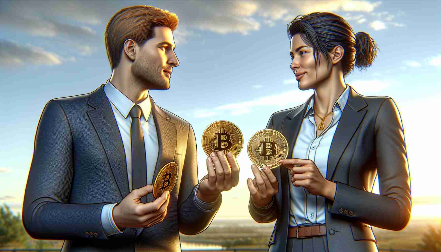 A detailed, high-definition image displaying two unnamed political figures, a Caucasian male and a Hispanic female, involved in a conversation over digital currency. They are both potential candidates in a hypothetical 2024 election. Each of them is holding a symbolic golden coin with the icon of an unbranded, generic cryptocurrency. They are in an outdoor setting under a clear sky. Both figures are portrayed in professional attire that evokes high political standing.